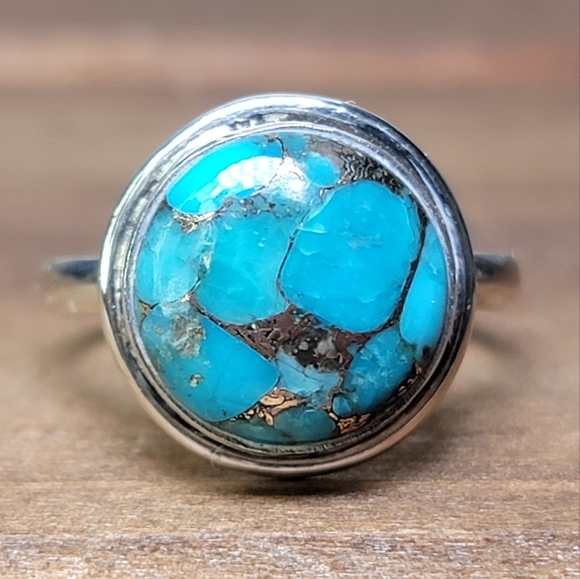 Vintage Jewelry - Native Copper Turquoise Gemstone Ring Size 7 Sterling Silver Boho Womens…